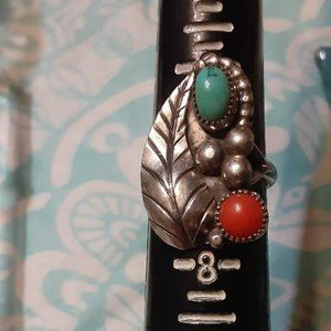 Vintage Navajo Turquoise & Coral Ring Sz 7